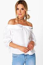 Boohoo Tia Bow Detail Long Sleeve Bardot Top