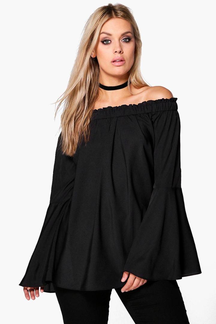 Boohoo Plus Selena Woven Frill Off The Shoulder Top Black