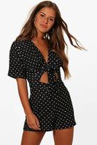 Boohoo Petite Holly Spot Print Knot Front Playsuit