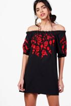 Boohoo Belle Off Shoulder Embroidered Shift Dress Black