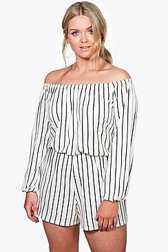 Boohoo Plus Diana Stripe Off The Shoulder Playsuit