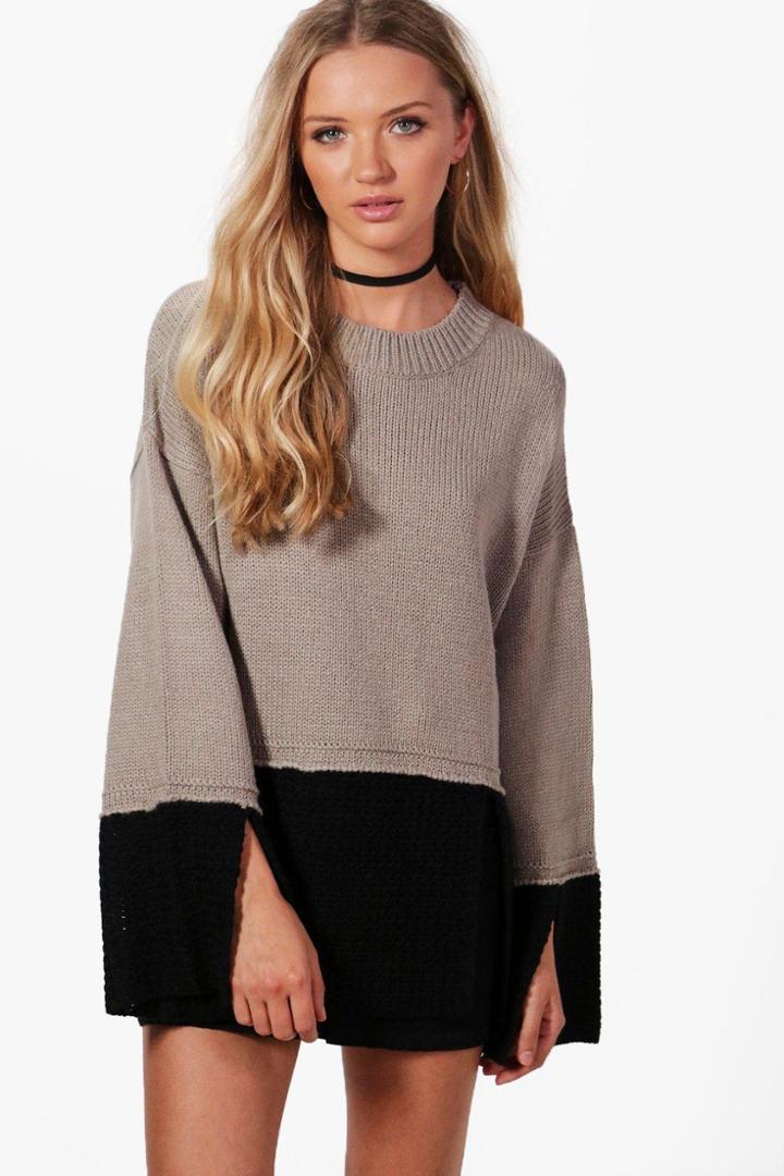 Boohoo Erin Contrast Knit Split Sleeve Jumper Grey