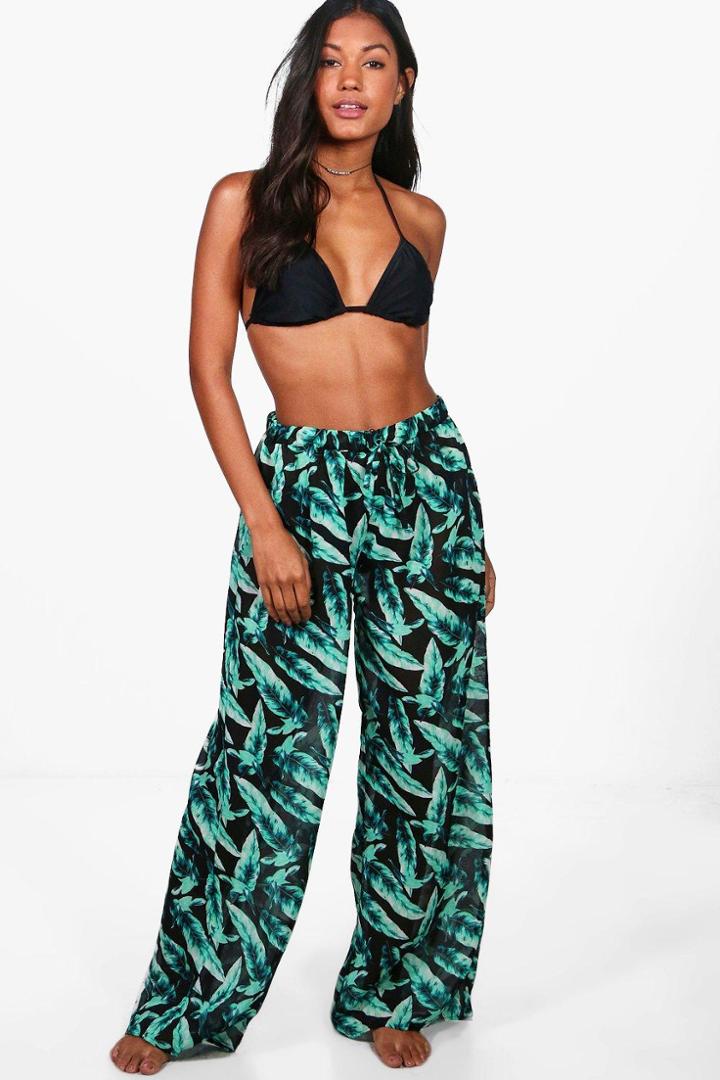 Boohoo Summer Leaf Beach Trouser Green