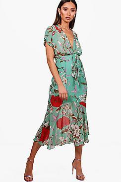 Boohoo Boutique Kira Tie Front Drop Hem Midi Dress