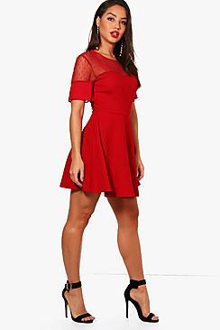 Boohoo Erin Polka Dot & Frill Sleeve Skater Dress
