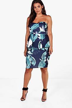 Boohoo Plus Alicia Palm Print Peplum Dress