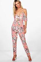 Boohoo Remy Cold Shoulder Floral Jumpsuit