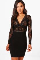 Boohoo Leah Lace Panelled Long Sleeve Bodycon Dress Black