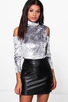Boohoo Eva Crushed Velvet Cold Shoulder Top Silver
