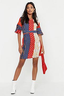 Boohoo Polka Dot Chain Print Wrap Around Shift Dress