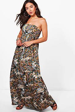 Boohoo Violet Paisley Shirred Maxi Beach Dress