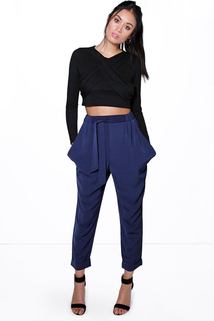 Boohoo Alani Turn Up Tie Waist Cargo Trousers Navy