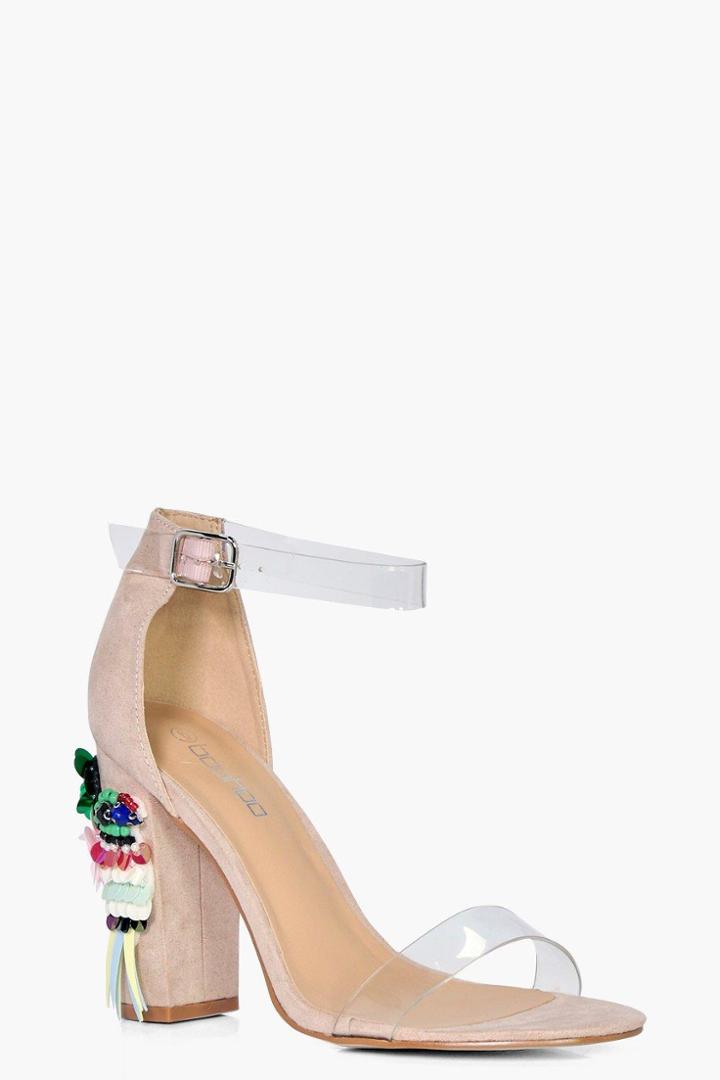 Boohoo Grace Embellished Block Heel Sandal Nude