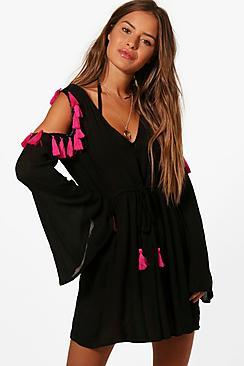 Boohoo Petite Open Shoulder Tassel Skater Dress