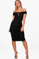 Boohoo Vi Ruched Off Shoulder Lace Up Bodycon Dress