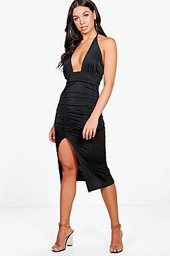 Boohoo Jesy Slinky Halter Tie Neck Ruched Midi Dress