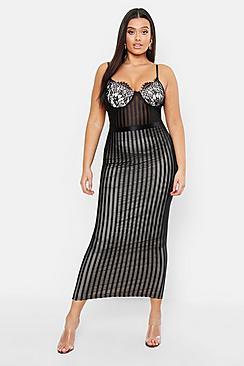 Boohoo Plus Lace Stripe Mesh Midi Dress