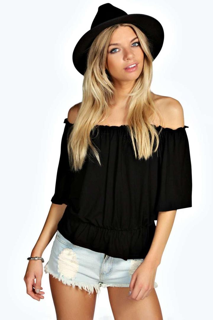 Boohoo Keira Shirred Off The Shoulder 1/2 Sleeve Top Black