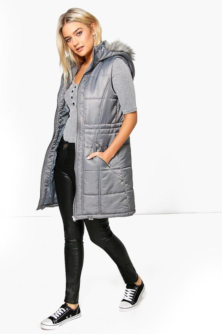 Boohoo Phoebe Quilted Longline Faux Fur Hooded Gilet Grey