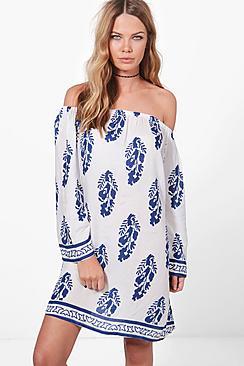 Boohoo Emma Off The Shoulder Feather Print Dress