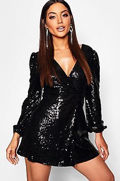 Boohoo Sequin Long Sleeve Wrap Skater Dress