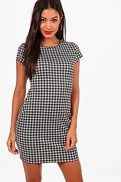 Boohoo Erica Dogtooth Cap Sleeve Bodycon Dress