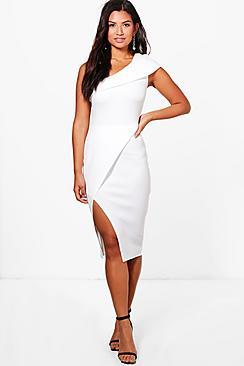 Boohoo One Shoulder Wrap Skirt Midi Dress