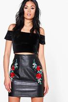 Boohoo Elle Embroidered A Line Leather Look Mini Skirt
