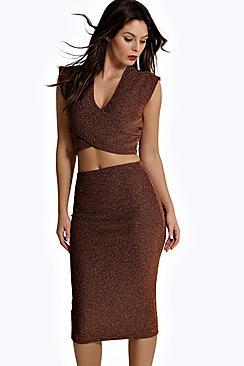 Boohoo Lara Cross Crop Top Midi Skirt Co-ord Set