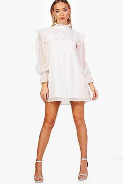 Boohoo Monica Dobby Spot Ruffle Smock Dress