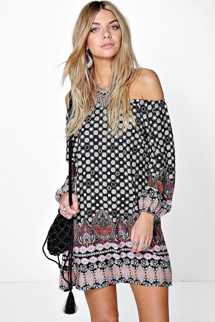 Boohoo Davila Border Print Off The Shoulder Dress Multi