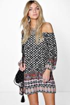 Boohoo Davila Border Print Off The Shoulder Dress Multi