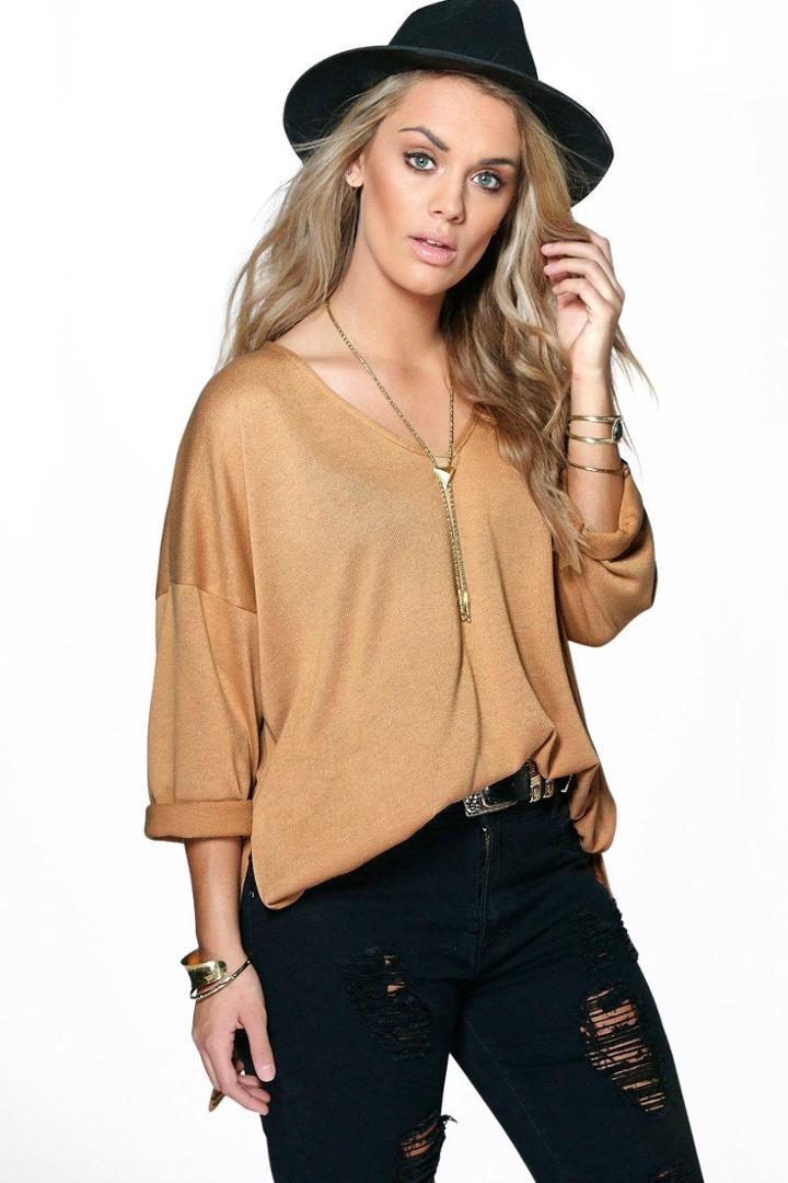 Boohoo Plus Zoe V Neck Split Side Jumper Camel