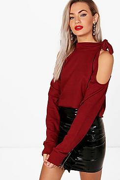 Boohoo Harriet Tie Neck Cold Shoulder Sweatshirt