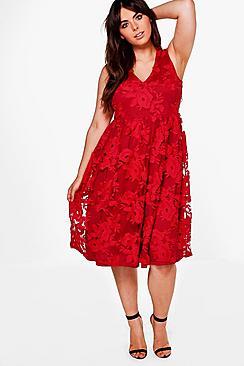 Boohoo Plus Anne Embroidered Lace Midi Skater Dress