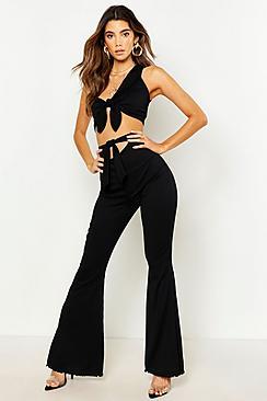 Boohoo Knot Front Rib Flare Trouser