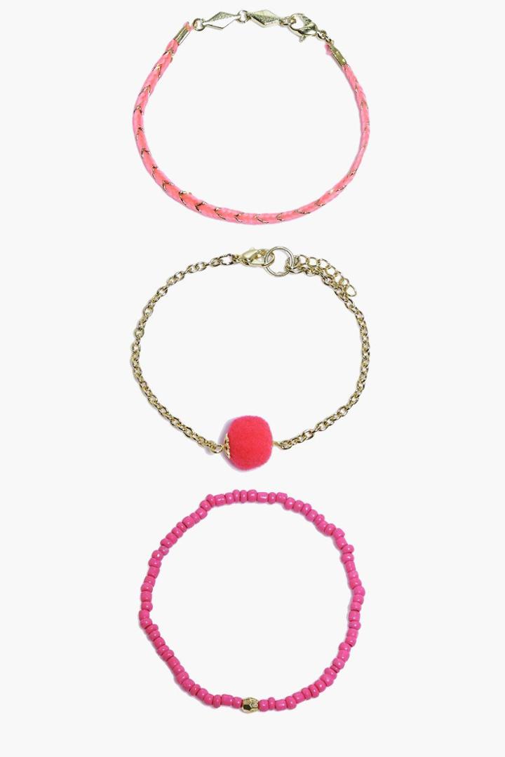 Boohoo Tilly Pom Pom Mixed Style Bracelet 3 Pack Gold