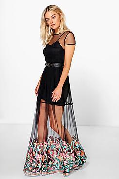 Boohoo Boutique Kiko Embroidered Hem Mesh Maxi Dress