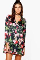 Boohoo Kimberley Floral Satin Pyjama Shirt Dress Black