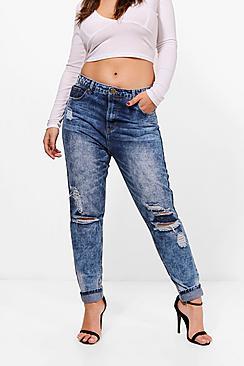 Boohoo Plus Grace Acid Wash Rip Detail Roll Hem Jean