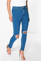 Boohoo Lara High Rise Ink Blue Knee Slits Skinny Jeans Blue