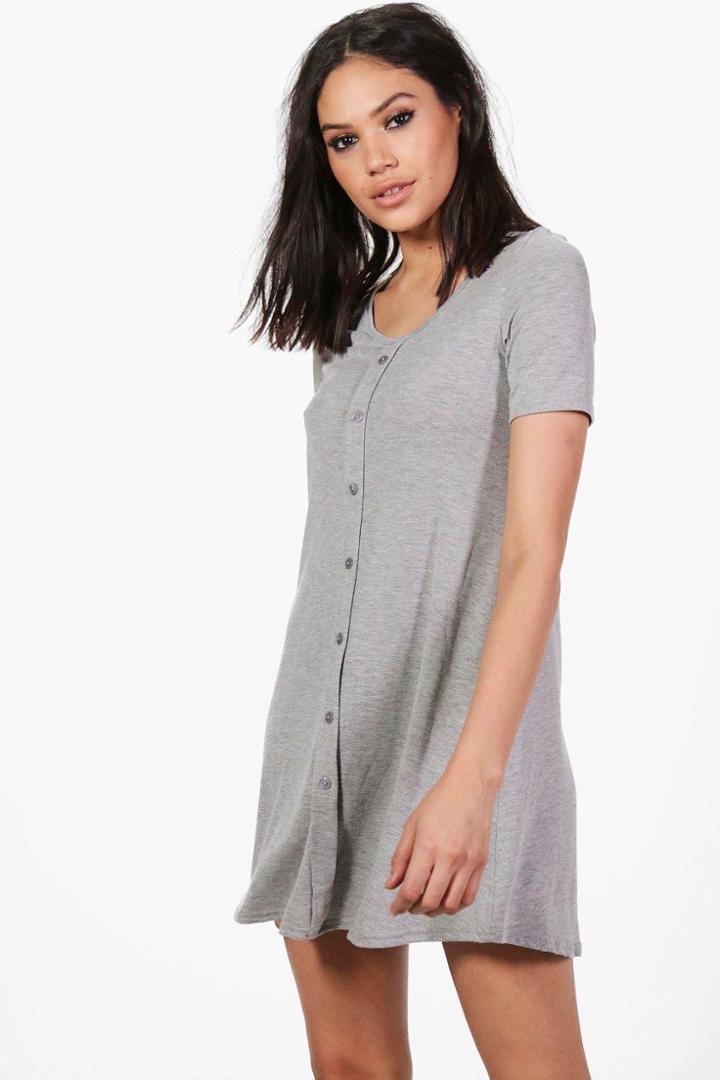 Boohoo Milly Cap Sleeve Button Swing Dress Grey