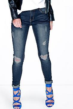 Boohoo Riley Mid Rise Distressed Skinny Jeans