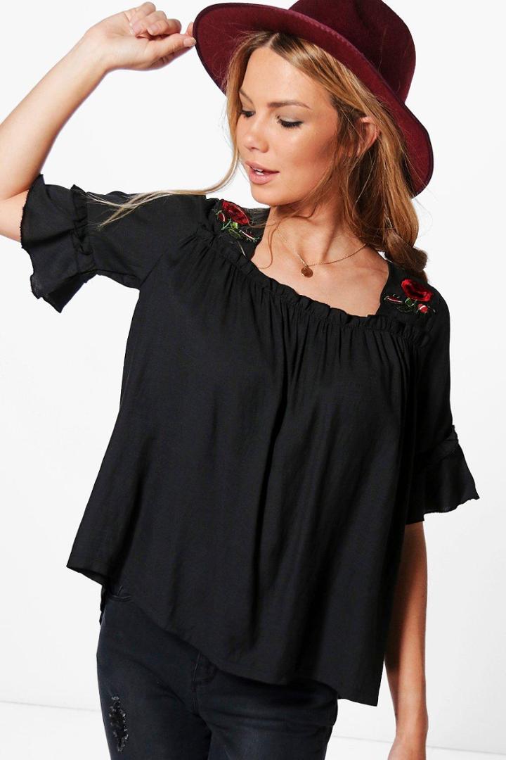 Boohoo Esme Embroidered Ruffle Sleeve Shell Top Black