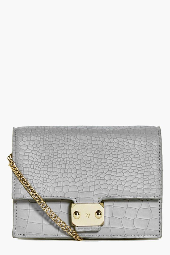 Boohoo Emma Mock Croc Box Cross Body Bag Grey