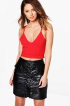 Boohoo Olivia V Neck Plunge Crepe Crop Red