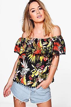 Boohoo Petite Jenny Off The Shoulder Tropical Pom Pom Top