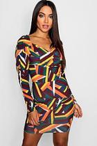 Boohoo Abstract Puff Sleeve Bodycon Dress