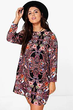 Boohoo Plus Kea Floral Paisley Long Sleeve Shift Dress