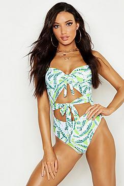 Boohoo Neon Banana Leaf Tie Front Swimsuit